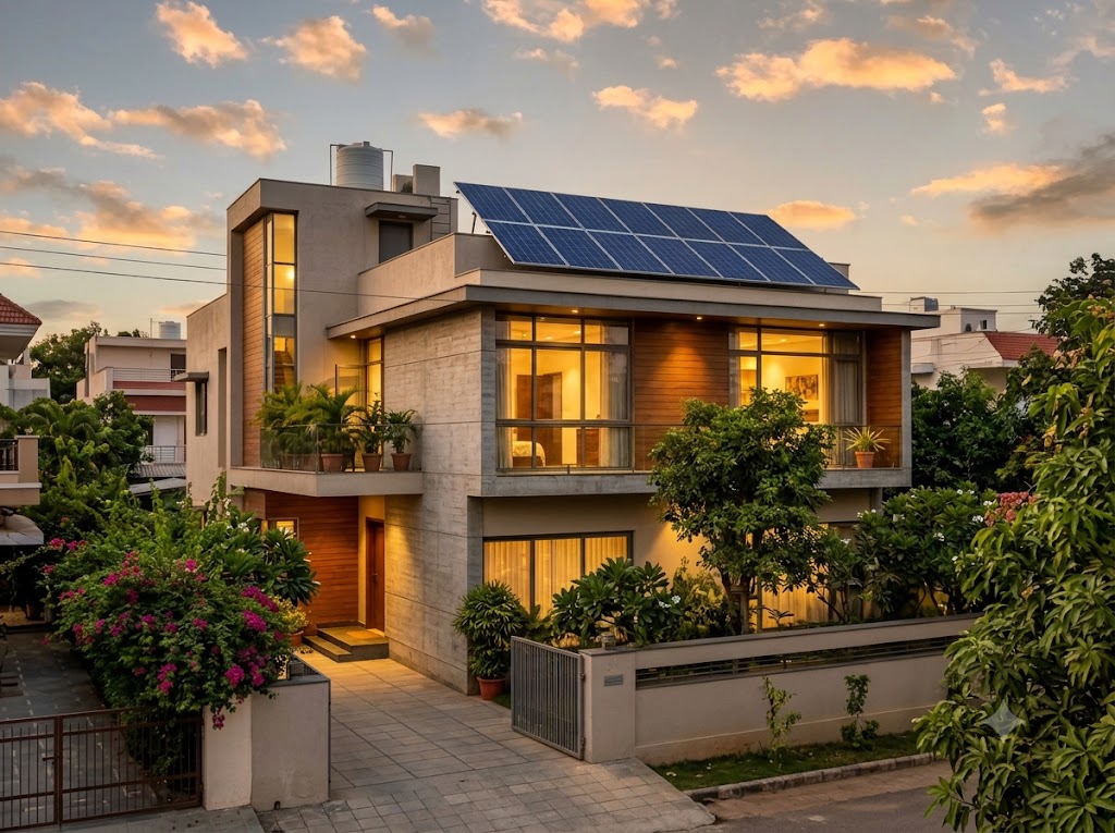 Modern home with rooftop solar panels by Vaishnavi Traders in Nagpur